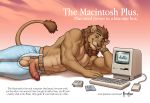  abs anthro balls chaps circumcised clothed clothing computer felid floppy_disk humanoid_penis lion looking_at_viewer macintosh_plus male mammal meesh pantherine penis pink_background simple_background solo text topless 