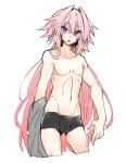  1boy :o astolfo_(fate) boxers commentary_request fate/apocrypha fate_(series) hair_down hair_intakes haoro long_hair looking_at_viewer male_focus multicolored_hair no_pants open_mouth pink_hair purple_eyes shirtless simple_background sketch solo streaked_hair toned toned_male underwear very_long_hair white_background 