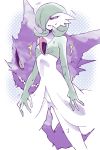  between_legs black_sclera breasts creatures_(company) game_freak gardevoir gen_1_pokemon gen_3_pokemon green_skin grin hair_over_one_eye half-closed_eyes hand_between_legs haunter legs_apart minashirazu nintendo no_humans open_mouth pokemon pokemon_(creature) red_eyes sharp_teeth small_breasts smile standing sweat teeth two-tone_skin white_skin yellow_eyes 