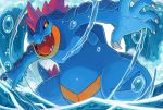  claws commentary creature creatures_(company) english_commentary feet_out_of_frame feraligatr game_freak gen_2_pokemon nintendo no_humans open_mouth pokemon pokemon_(creature) sei_(seiryuuden) sharp_teeth solo standing teeth water waves yellow_eyes 
