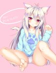  1girl absurdres ai_(wakaba_iro_no_quartet) animal_ear_fluff animal_ears bare_legs barefoot cat_ears cat_tail clothes_writing commentary_request highres long_hair long_sleeves lump_of_sugar monochrome_background off_shoulder panties pantyshot pantyshot_(sitting) parted_lips pink_background red_eyes shrimp_3 silver_hair simple_background sitting sweater tail translation_request underwear very_long_hair wakaba_iro_no_quartet white_panties 