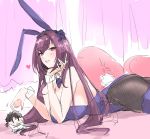  1girl =) animal_ears bed bow bowtie breasts bunny_ears bunny_girl bunny_tail bunnysuit chaldea_uniform character_doll detached_collar fake_animal_ears fate/grand_order fate_(series) fujimaru_ritsuka_(male) heart heart_in_eye highres large_breasts leg_garter long_hair lying on_stomach pantyhose parted_lips pillow red_eyes scathach_(fate)_(all) slept_(re_mix) smile symbol_in_eye tail 