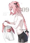 1boy artist_name ass astolfo_(fate) bishounen black_bow black_ribbon bow boxers braid buttoning chest copyright_name cowboy_shot fang fate/apocrypha fate_(series) from_side hair_bow hair_intakes hair_ribbon holding_shirt leopardtiger long_braid long_hair male_focus motion_lines multicolored_hair no_pants no_shirt numbered pale_skin pink_hair purple_eyes red_sailor_collar ribbon sailor_collar school_uniform shirt short_shorts shorts simple_background single_braid skin_fang solo streaked_hair toned toned_male topless underwear underwear_only white_background white_shirt 