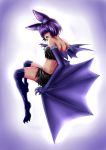  1girl animal_ears back bat_wings claws fangs female from_behind gecho hair_over_eyes looking_back monster_girl monster_girl_encyclopedia open_mouth purple_hair shorts solo talons werebat wings 