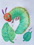  antennae arthropod artsymaria caterpillar eating green_eyes green_sclera green_skin insect leaf red_skin the_very_hungry_caterpillar watermark 