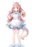  1girl animal_ears apron bare_legs blue_dress bow commentary_request dress fox_ears fox_tail frilled_dress frills full_body hair_bow highres light_brown_hair long_hair mutou_mato original pink_eyes short_sleeves simple_background smile tail very_long_hair white_background 
