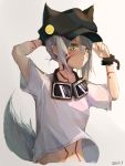  1girl 8rk9 animal_ears arm_up black_headwear cabbie_hat closed_mouth cropped_torso facial_mark fake_animal_ears fox_tail goggles goggles_around_neck gradient gradient_background green_eyes grey_background hand_up hat highres long_hair looking_at_viewer midriff navel original shirt short_sleeves side_ponytail sidelocks silver_hair sketch slit_pupils solo stomach tail twitter_username v-shaped_eyebrows white_background white_shirt wristband 
