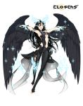  1girl angel black_clothes black_hair black_wings blonde_hair closers fallen_angel full_body harpy_(closers) long_hair navel official_art orange_eyes solo weapon white_skin wings 