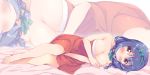  1girl bed blue_hair blush braid breasts brown_eyes christmas cleavage closed_mouth collarbone dress furutani_himawari hair_ornament hairband highres large_breasts looking_at_viewer lying on_side shiny shiny_hair shiny_skin short_hair solo takahero yuru_yuri 