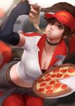  1girl blurry blurry_background breasts brown_hair choker cleavage clothes_around_waist collarbone ears eating elbow_gloves employee_uniform eyebrows fingerless_gloves food gloves green_eyes large_breasts league_of_legends long_hair midriff nose pizza pizza_delivery_sivir ponytail shirt shorts signature sivir solo sparrowl t-shirt thighhighs uniform 