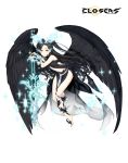  1girl angel black_clothes black_hair black_wings blonde_hair closers fallen_angel full_body long_hair navel official_art orange_eyes solo tina_(closers) weapon white_skin wings 