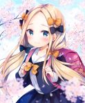  1girl abigail_williams_(fate/grand_order) alternate_costume backpack bag bag_charm bangs belt belt_buckle black_bow black_jacket black_skirt blonde_hair blue_belt blue_eyes blue_sky blurry blurry_foreground blush bow buckle charm_(object) cherry_blossoms closed_mouth cloud cloudy_sky collared_shirt commentary_request day depth_of_field fate/grand_order fate_(series) flower forehead hair_bow highres hisama_kumako jacket long_hair looking_at_viewer low_twintails open_clothes open_jacket orange_bow outdoors parted_bangs pink_flower pleated_skirt randoseru shirt skirt sky solo tree_branch twintails very_long_hair white_shirt 