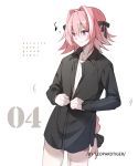  1boy artist_name astolfo_(fate) bishounen black_bow black_ribbon black_shirt blush bow braid buttoning copyright_name fang fate/apocrypha fate_(series) from_side hair_intakes hair_ribbon leopardtiger long_braid long_hair male_focus motion_lines multicolored_hair musical_note no_pants numbered pink_hair purple_eyes ribbon shirt simple_background single_braid skin_fang solo streaked_hair white_background 