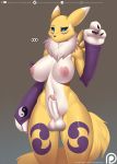  ... 2019 3_fingers anthro areola armwear balls big_areola big_breasts black_sclera blue_eyes breasts bridal_gauntlets canid canine chest_tuft claws clothing curvaceous dickgirl digimon digimon_(species) dipstick_ears doomthewolf edit fur hi_res intersex mammal markings mostly_nude multicolored_fur muscular_thighs navel nipples penis renamon small_waist solo tuft vein white_fur wide_hips yellow_fur 