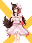  1girl animal_ear_fluff animal_ears bangs breasts brown_hair cleavage collarbone commentary_request cosplay dress eyebrows_visible_through_hair fang_out feet_out_of_frame frilled_shirt_collar frills hair_between_eyes hat hat_ribbon highres imaizumi_kagerou long_hair looking_at_viewer medium_breasts mob_cap own_hands_together pink_dress pink_headwear puffy_short_sleeves puffy_sleeves red_eyes red_ribbon red_sash remilia_scarlet remilia_scarlet_(cosplay) ribbon sash short_sleeves smile solo standing thighs touhou two-tone_background very_long_hair white_background wolf_ears yellow_background yuuyake 