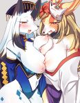  2girls aky_sg6 blonde_hair breasts brown_eyes brown_hair fullbokko_heroes furry long_hair multiple_girls nipples red_eyes white_hair 