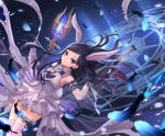  1girl animal_ears arm_up armpits black_feathers black_gloves black_hair bunny_ears bunny_tail crystal detached_sleeves dress elin_(tera) feathers garters gloves glowing highres ji-hyun_ro long_hair magic_circle official_art purple_eyes see-through see-through_sleeves short_dress solo staff tail tera_online weapon white_dress wind wind_lift 