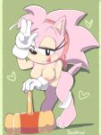  2019 anthro blush breasts clothed clothing eulipotyphlan female gloves hair hammer hedgehog mammal nipples one_eye_closed partially_clothed pink_hair pussy rosy_the_rascal senshion solo sonic_(series) tongue tongue_out tools 