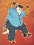  anthro belly belly_overhang big_belly canid canine canis chain claws clothed clothing fur grey_fur grin male mammal moobs obese obese_male on_one_leg orange_fur overweight overweight_male smile solo standing straining_buttons teeth toe_claws white_fur wolf zenithfoxie 