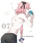  1boy artist_name ass astolfo_(fate) back bishounen black_bow black_ribbon bow boxers braid buttoning copyright_name cup drinking fang fate/apocrypha fate_(series) from_behind hair_intakes hair_ribbon holding holding_cup leopardtiger long_braid long_hair male_focus messy_hair motion_lines multicolored_hair no_pants numbered pink_hair purple_eyes ribbon shirtless simple_background single_braid skin_fang solo streaked_hair toned toned_male underwear underwear_only white_background 