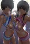  2girls akagi_(kantai_collection) arm_up armpits backlighting bikini_top blurry boyshorts breast_press breasts brown_eyes brown_hair cleavage closed_mouth commentary_request contrapposto covered_nipples cowboy_shot depth_of_field eyebrows_visible_through_hair hand_on_own_chest head_tilt highres kaga_(kantai_collection) kantai_collection large_breasts lifted_by_self long_hair looking_at_viewer medium_hair midriff multiple_girls navel pink_bikini_top shiny shiny_skin shirt_lift short_shorts shorts side_ponytail sideboob sidelocks smile sweat symmetrical_docking tan tank_top wa_(genryusui) white_bikini_top 
