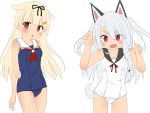  2girls animal_ears azur_lane blonde_hair blush braid breasts collarbone commentary_request dog_ears dog_tail hair_flaps hair_ornament hairclip highres kantai_collection long_hair looking_at_viewer looking_away multiple_girls ninini60394014 open_mouth red_eyes school_swimsuit side_braid silver_hair simple_background swimsuit tail white_background white_school_swimsuit white_swimsuit yuudachi_(azur_lane) yuudachi_(kantai_collection) 