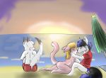  beach blush canid canine canis domestic_cat felid feline felis female fur galo kissing male mammal nude pink_fur saliva sea seaside smile sunset water white_fur wolf 