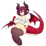  1girl absurdres black_legwear blush bottomless breasts curvy dragon_girl dragon_horns dragon_tail dragon_wings granblue_fantasy grea_(shingeki_no_bahamut) highres horns large_breasts looking_at_viewer navel off_shoulder paid_reward patreon_reward pointy_ears purple_hair red_eyes shingeki_no_bahamut shiny shiny_hair shiny_skin shirt short_hair simple_background slugbox solo tail thick_thighs thighhighs thighs white_background wide_hips wings 