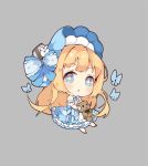  blonde_hair blue_eyes bug butterfly chibi hair_ornament hairpin hat highres insect lolita_fashion saratoga_(warship_girls_r) situmey star star-shaped_pupils stuffed_animal stuffed_toy symbol-shaped_pupils teddy_bear warship_girls_r 