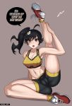  1girl accel_art araragi_karen ass bakemonogatari bare_arms bare_shoulders bike_shorts black_eyes black_hair breasts brown_background cameltoe collarbone full_body legs long_hair looking_at_viewer matching_hair/eyes medium_breasts midriff monogatari_(series) navel one_leg_up open_mouth ponytail shoes simple_background sneakers solo speech_bubble sports_bra text_focus tongue upper_teeth 