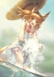  1girl :d absurdres animal_ear_fluff animal_ears bare_legs blonde_hair blue_eyes blue_sky borrowed_character breasts cleavage collarbone day dress fox_ears fox_girl fox_tail hat highres kitsune_no_oyome-chan looking_at_viewer open_mouth outdoors outstretched_arms sky smile solo sparkle splashing standing straw_hat sundress sunlight tail water white_dress youryokuso_(chlorophyll) 