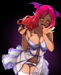  1girl blush breasts cleavage dark_skin demon_girl fangs finger_in_mouth garter_belt head_wings highres jewelry large_breasts lingerie litchipix long_hair looking_at_viewer mole mole_under_mouth navel necklace nightgown open_mouth original panties pointy_ears red_hair see-through solo strap_pull succubus thighhighs underwear white_legwear white_panties yellow_eyes 