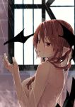  1girl bangs blush breasts commentary_request convenient_arm demon_wings eyebrows_visible_through_hair futatsuki_eru hair_between_eyes hand_up head_wings indoors koakuma long_hair medium_breasts nude parted_lips pointy_ears red_eyes red_hair showering solo steam touhou upper_body wet window wings 