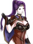  1girl absurdres asymmetrical_hair black_gloves breasts brown_eyes circlet cleavage cloak earrings fire_emblem fire_emblem_echoes:_mou_hitori_no_eiyuuou fire_emblem_heroes gloves highres jewelry nintendo open_mouth playing_with_own_hair purple_hair side_slit sonia_(fire_emblem_gaiden) the_kingduke white_background 