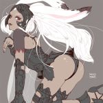  1girl all_fours animal_ears ass black_panties brown_background bunny_ears closed_mouth dark_skin ears_through_headwear final_fantasy final_fantasy_xii fran helmet high_heels lili_mdoki lips looking_at_viewer panties red_eyes see-through signature solo thighhighs underwear viera white_hair 