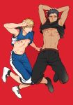  2boys ;) aomine_daiki arms_behind_head bandaid bandaids_on_nipples basketball_uniform blonde_hair blue_hair closed_mouth dark_skin dark_skinned_male full_body k29 kise_ryouta kuroko_no_basuke looking_at_viewer male_focus mouth_hold multiple_boys one_eye_closed pasties red_background shoes simple_background sleeveless smile sneakers sportswear toned toned_male v 