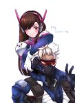  1boy 1girl blue_gloves blue_jacket blush bodysuit brown_eyes brown_hair character_name closed_mouth covered_nipples d.va_(overwatch) facial_mark facial_scar gloves headgear jacket long_hair mask otani_(kota12ro08) overwatch pouch scar signature smile soldier:_76_(overwatch) twitter_username upper_body v visor white_hair 