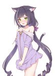  1girl animal_ear_fluff animal_ears bare_legs bare_shoulders black_hair blush bow cardigan cat_ears cat_tail d: drill_hair embarrassed fang furrowed_eyebrows green_eyes hair_bow isao_(wasamoti) kyaru_(princess_connect) long_hair multicolored_hair nose_blush open_mouth princess_connect! princess_connect!_re:dive simple_background skirt streaked_hair tail very_long_hair white_background white_hair zipper 
