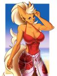  anthro beach breasts clothed clothing eeveelution female flareon hi_res looking_at_viewer nintendo outside pok&eacute;mon pok&eacute;mon_(species) porin rosalyn_(eeveexpert) seaside smile solo standing swimwear video_games wide_hips 