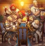  6+boys alcohol apron armor artist_request beard bears beer black_hair blonde_hair dare_ga_tame_no_alchemist dreadlocks facial_hair food glasses gloves goatee hat jewelry long_hair multicolored_hair multiple_boys muscle mustache open_mouth red_hair ring short_hair smile source_request two-tone_hair white_hair wine witch_hat wizard 