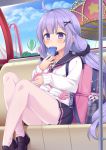  ahoge amusement_park azur_lane backpack bag cellphone charm_(object) hair_ornament hairclip highres low_twintails mahouio pantyhose phone purple_eyes purple_hair school_uniform smartphone smartphone_case sweater twintails unicorn_(azur_lane) white_legwear 