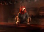  2019 accipitrid accipitriform alcohol anthro avian barrel bearded_vulture beer beverage bird canid canine digitigrade feathers fur gavin_stien hybrid juden long_tail male mammal nude old_world_vulture smile solo standing stein tavern vulture 