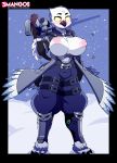  2018 3mangos anthro avian big_breasts bird breasts clothed clothing cosplay embarrassed feathers female footwear gun inverted_nipples nipples owl ranged_weapon snow snowy_owl solo standing vee wardrobe_malfunction weapon yellow_eyes 