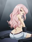  alternate_hairstyle anya_alstreim ass boots butt_crack code_geass flat_chest grey_background hair_down highres jpeg_artifacts long_hair nipples open_mouth pink_hair red_eyes shirt_lift solo source_request tanan third-party_edit 