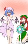  2girls :d ^_^ alternate_costume bat_wings beret blue_hair blush bow breasts china_dress chinese_clothes closed_eyes collarbone dress electric_fan embarrassed eyebrows_visible_through_hair eyes_closed fangs feet_out_of_frame full-face_blush full_body gradient gradient_background green_dress hat hat_bow highres hong_meiling kneeling long_hair looking_at_another looking_back mob_cap multiple_girls open_mouth orange_background pink_dress puffy_short_sleeves puffy_sleeves red_eyes red_hair remilia_scarlet shiraue_yuu short_hair short_sleeves simple_background smile star touhou v_arms white_background wind wind_lift wings 
