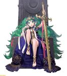  1girl anklet barefoot braid child fire_emblem fire_emblem:_fuukasetsugetsu gem green_eyes green_hair hair_ornament hand_on_own_cheek hand_on_sword jewelry kurahana_chinatsu legs_folded long_hair mamkute nintendo official_art pointy_ears ribbon sitting smile solo sothis sword throne tiara twin_braids twintails watermark weapon white_background 