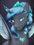  blue_eyes blue_hair changeling crystal fan_character female hair hi_res horn insect_wings jewelry looking_at_viewer my_little_pony necklace portrait queen_polistae silfoe slit_pupils solo wings 
