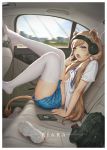  1girl :o animal_ears backpack bag blue_eyes blue_shorts brown_hair car car_interior cellphone commentary_request day denim denim_shorts feet ground_vehicle headphones highres legs_up low_twintails maou_renjishi monkey_ears monkey_tail motor_vehicle navel open_mouth original phone seatbelt shirt shoes_removed short_shorts shorts sleepy smartphone solo sony stomach tail teeth thighhighs twintails upper_teeth vehicle_interior white_legwear white_shirt yawning 