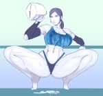  1girl abs aka6 ass barefoot breasts color female huge_ass huge_breasts milk muscle muscular_female nintendo shirt solo spread_legs squatting thick_thighs thighs thong wet wet_clothes wet_shirt whale_tail wii_fit_trainer 