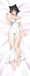  1girl absurdres alfred_cullado animal_ears barefoot black_hair blush breasts cat_ears cleavage collarbone dakimakura dress earrings from_above full_body highres incredibly_absurdres jewelry kali_belladonna long_dress looking_at_viewer lying makeup mascara medium_breasts on_back on_bed paid_reward patreon_reward rwby shiny shiny_skin short_hair side_slit sleeveless sleeveless_dress solo strapless strapless_dress white_dress yellow_eyes 